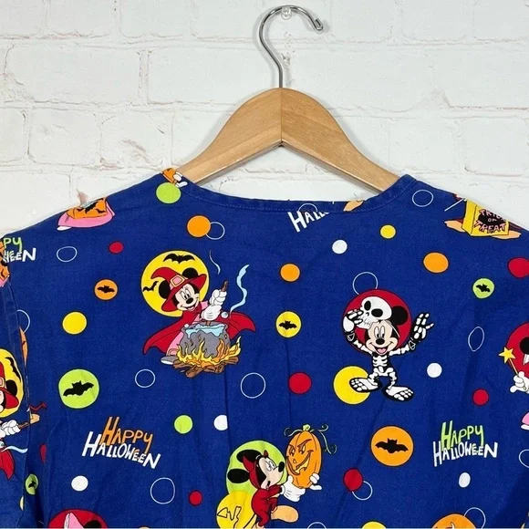 Disney Halloween Mickey Mouse Minnie Scrub Top Women’s Small Blue V Neck - Picture 9 of 11